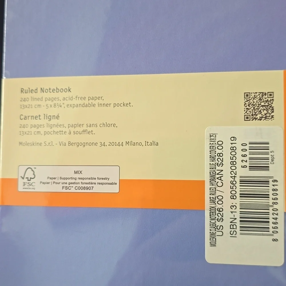 ♥️BUY 5 GET 3 FREE  Moleskine Classic Notebook, Large, Ruled, Hydrangea Blue